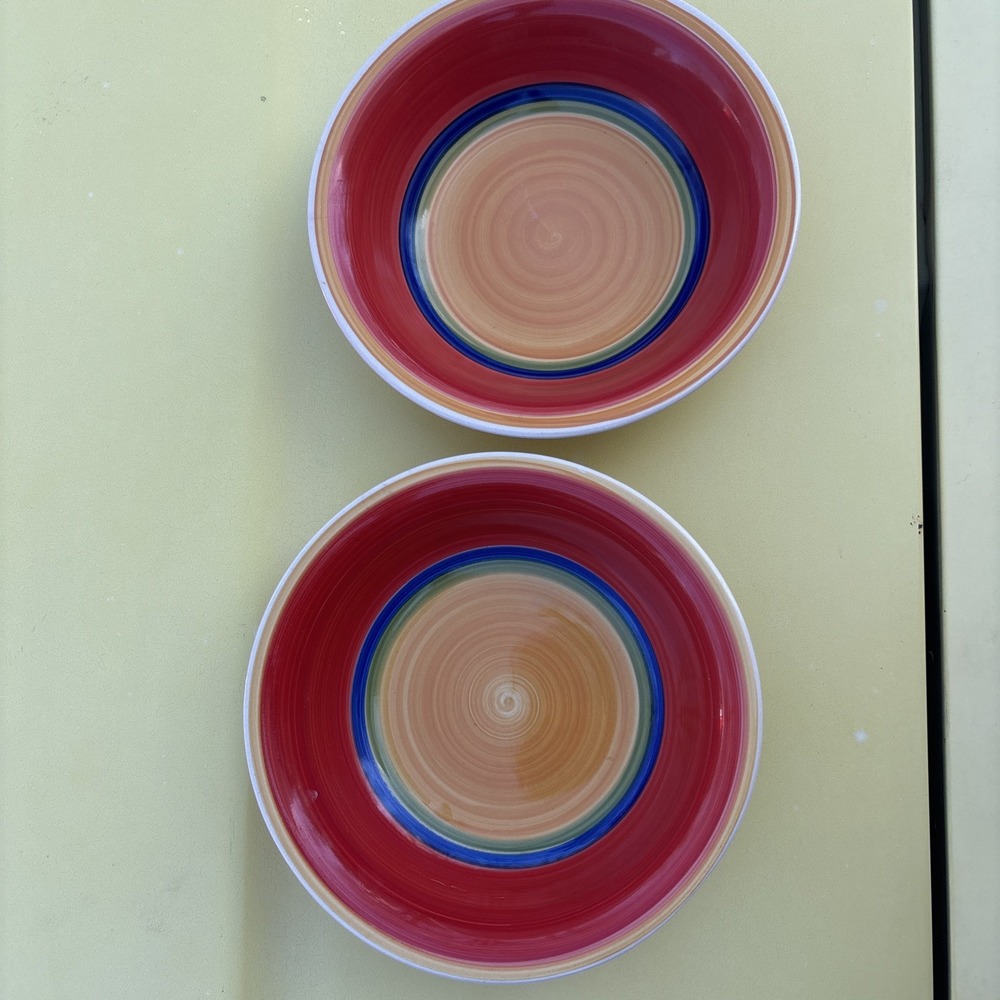 2 Royal Norfolk Mambo Yellow Red & Blue Coupe Soup Bowl 7.6"